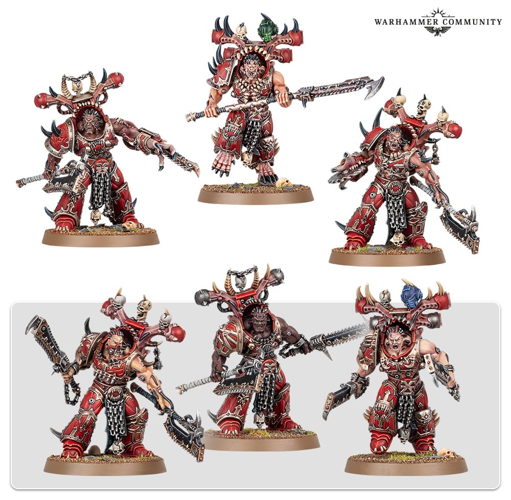 An image of the Warhammer 40K World Eaters Exalted Eightbound, demonic warriors with bestial faces